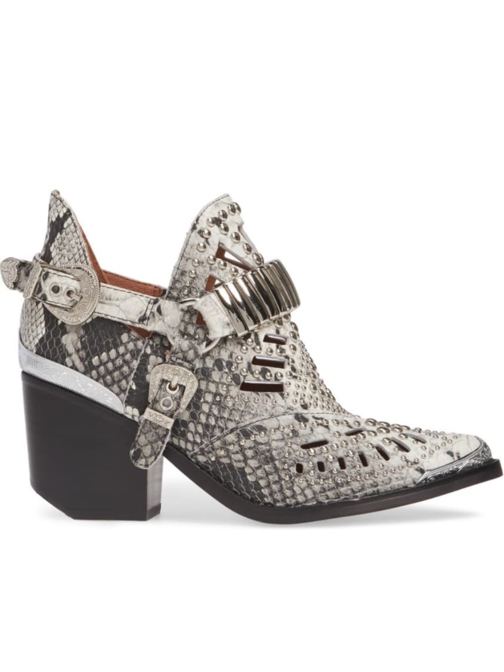Jeffrey Campbell Silver and Black Snake-Print Cutout Western Bootie - Picture 2 of 7